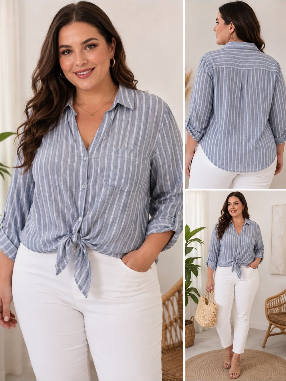 NWT Hint of Blush 1X Blue Striped Tie Front Button-Up Blouse